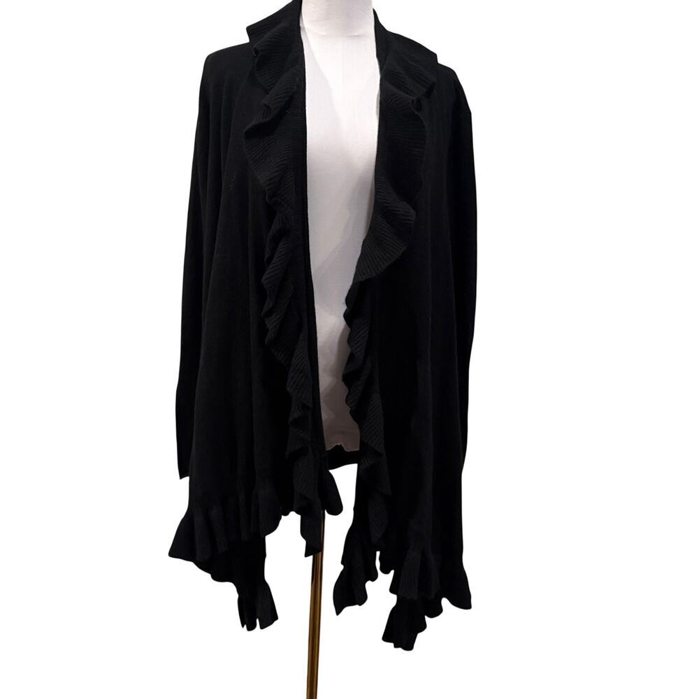Alice Olivia Base Black Wool Cashmere Ruffle Open Front Cardigan XL Luxury Chic